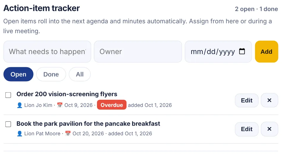 Action-item tracker with owners, due dates and overdue flags