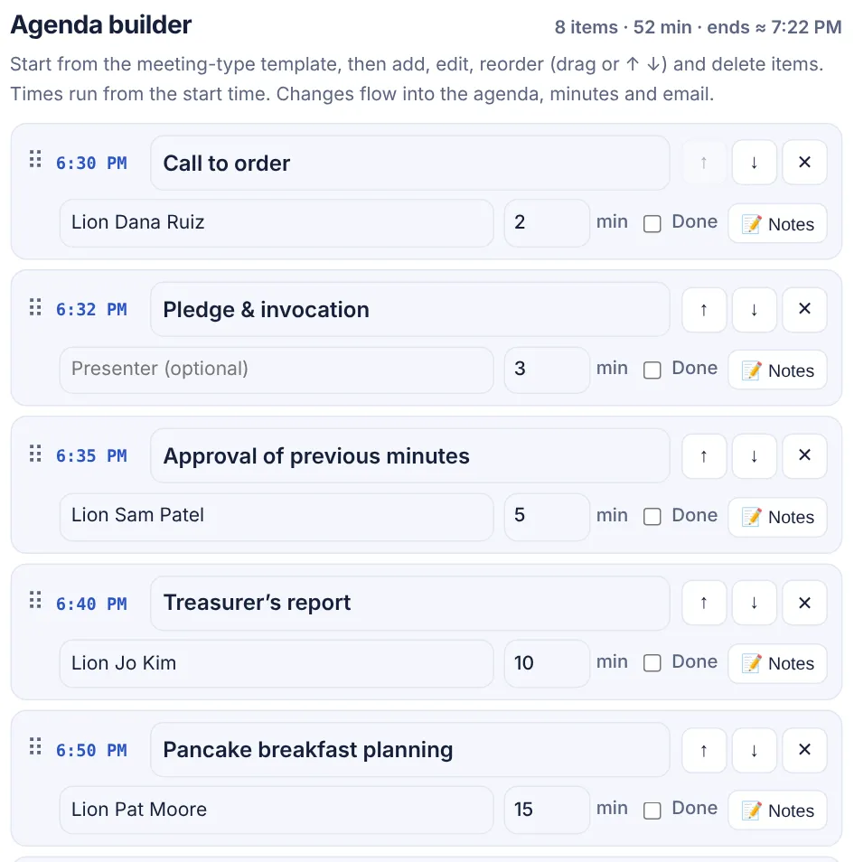Agenda builder with timed items, presenters and drag-to-reorder