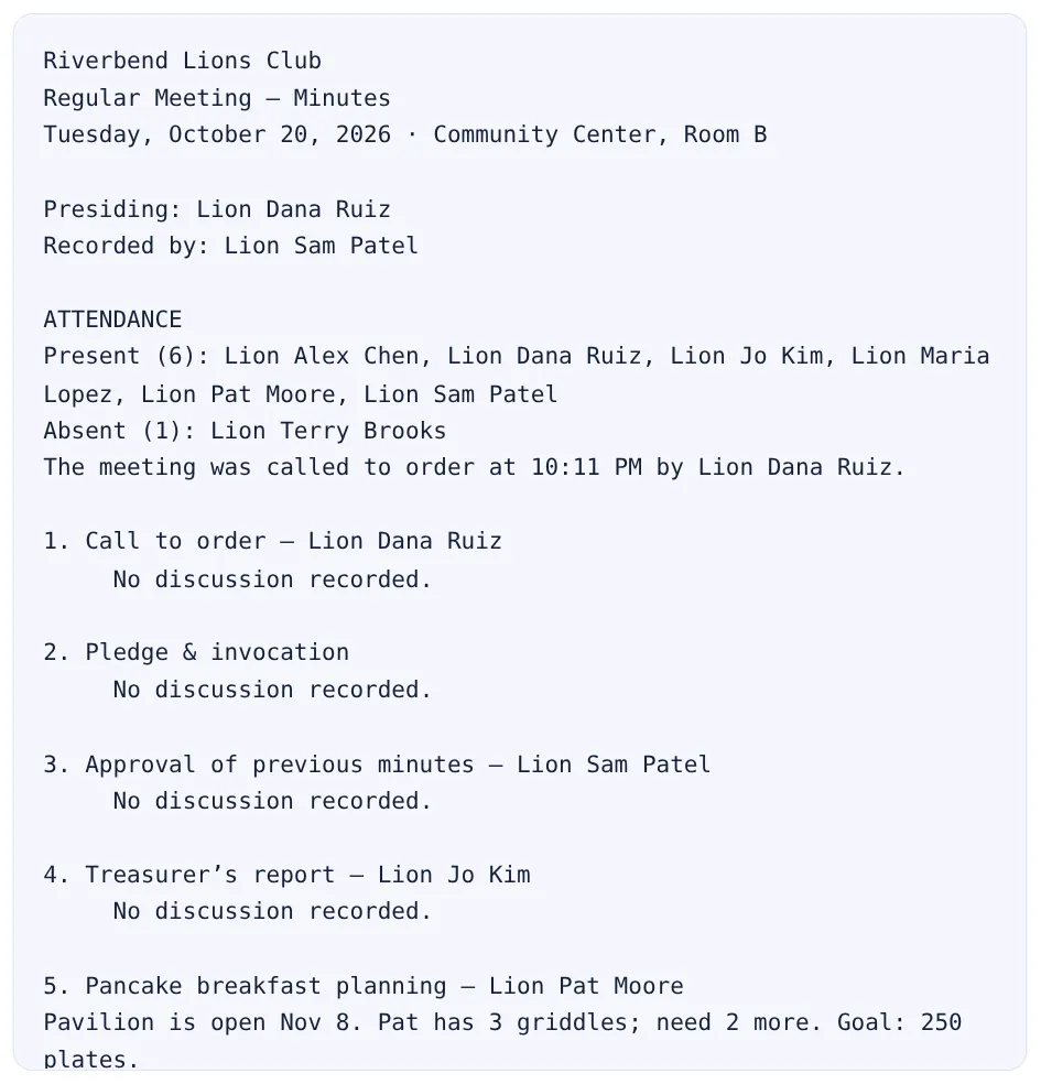Finished minutes generated from the live meeting with attendance and items